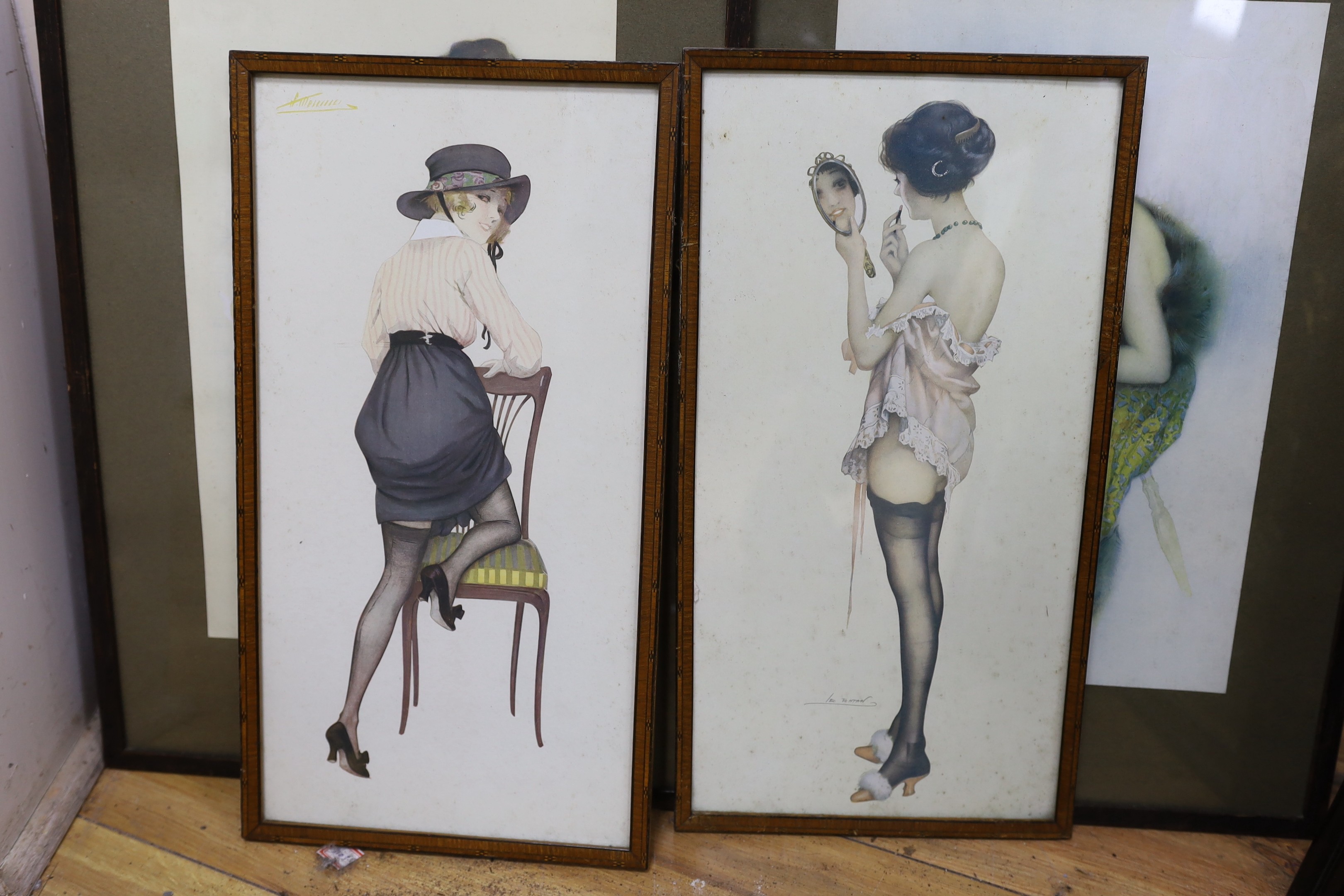 After Raphael Kirchner, pair of colour prints, Studies of beauties, 34 x 22cm and a pair of similar prints, after Leon Fontan